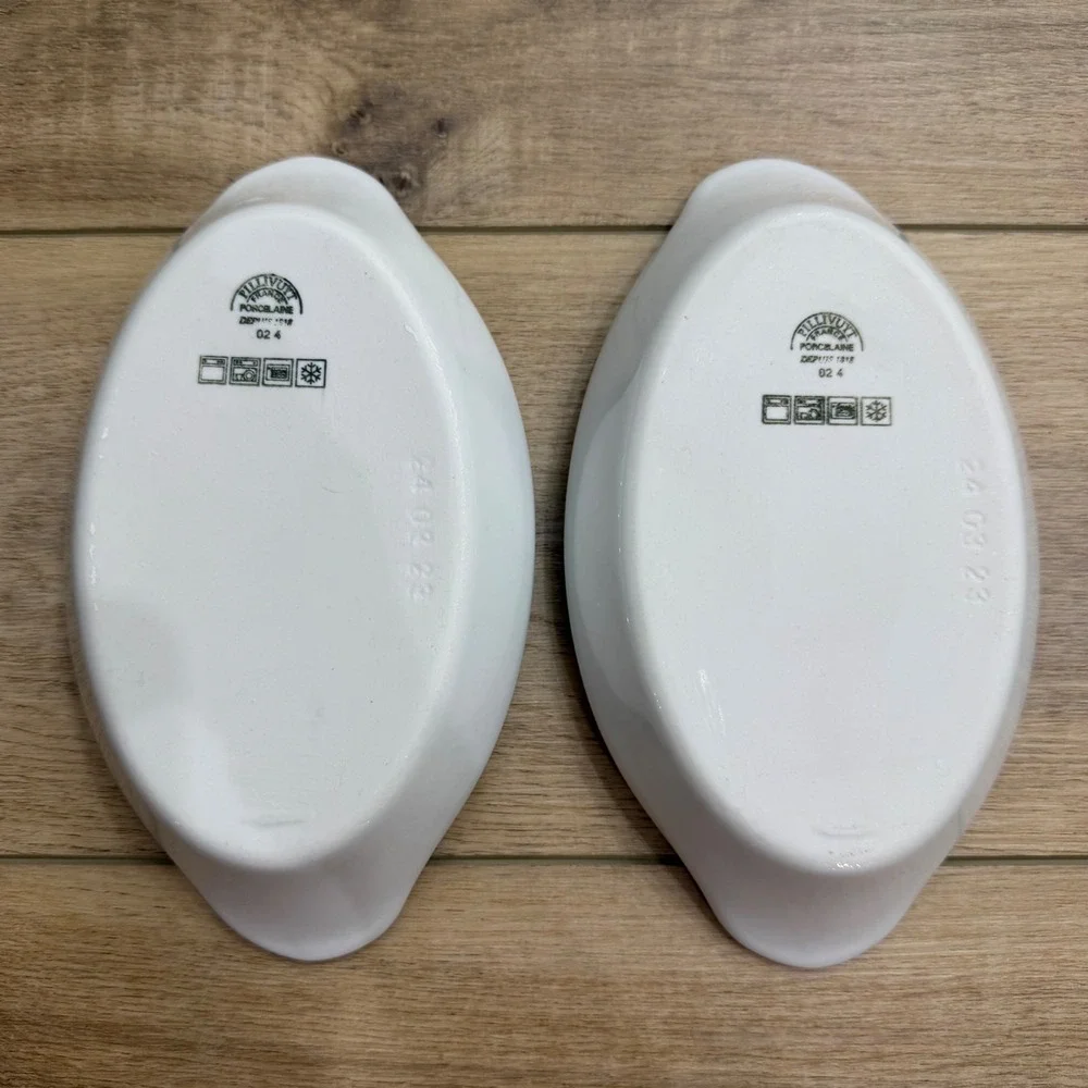 Pillivuyt France‎ White Porcelain Au Gratin Oval Eared Bakers 8oz Set 2 24 03 23